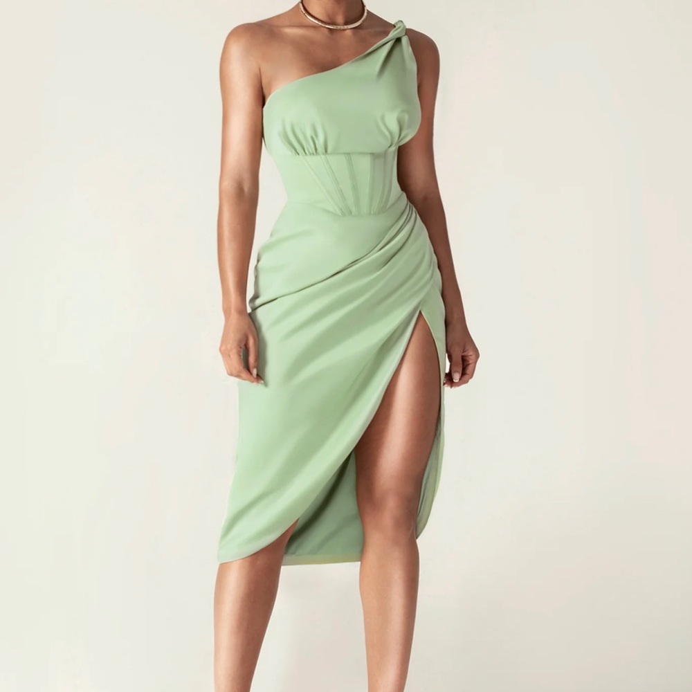 HARPER CORSET SATIN MIDI DRESS